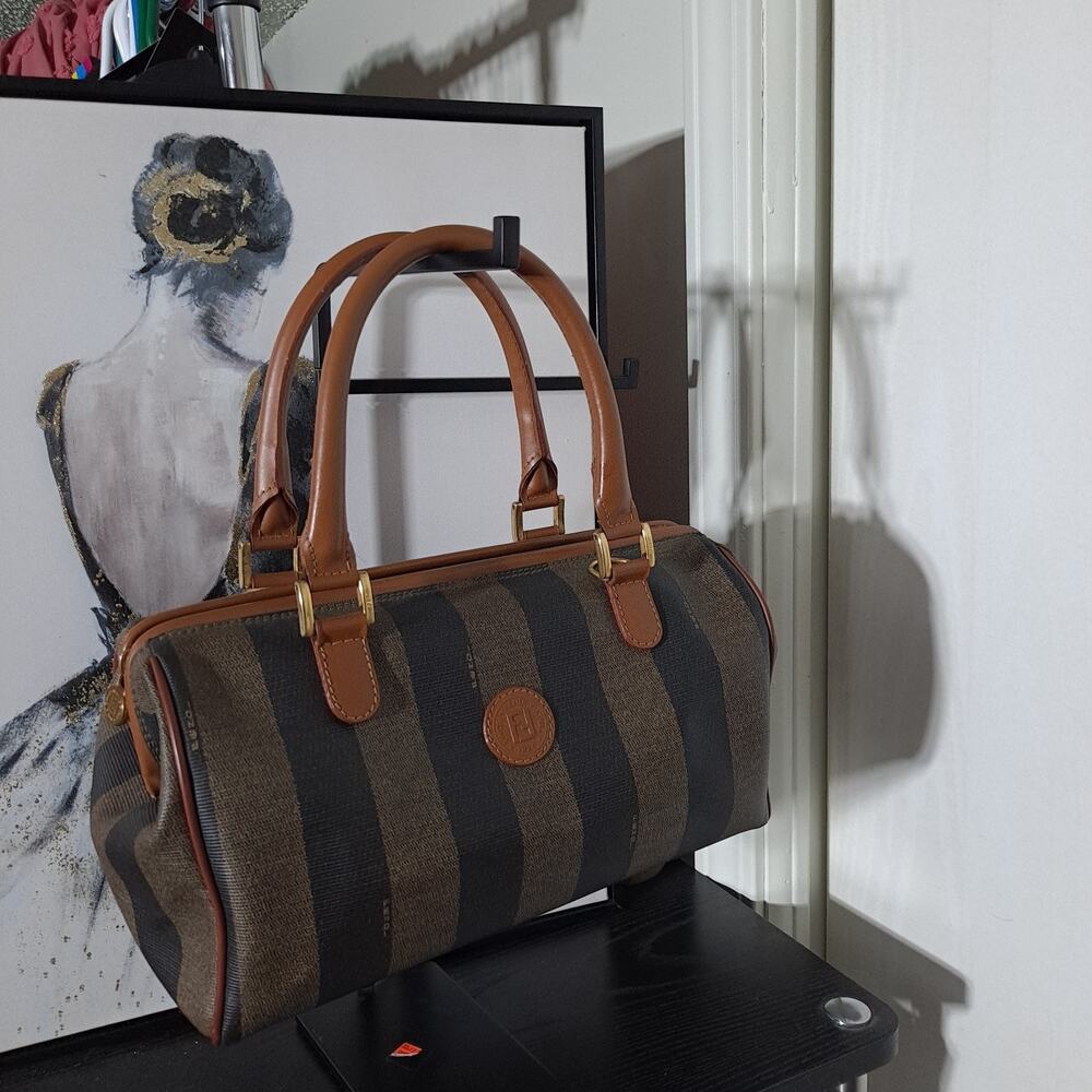 Fendi Pequin Handbag Purse Vintage Black Striped Boston Doctor Bag